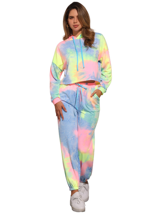 Women's 2 Piece Sweatsuits Tie Dye Pullover Hoodie Drawstring Jogging Tracksuit