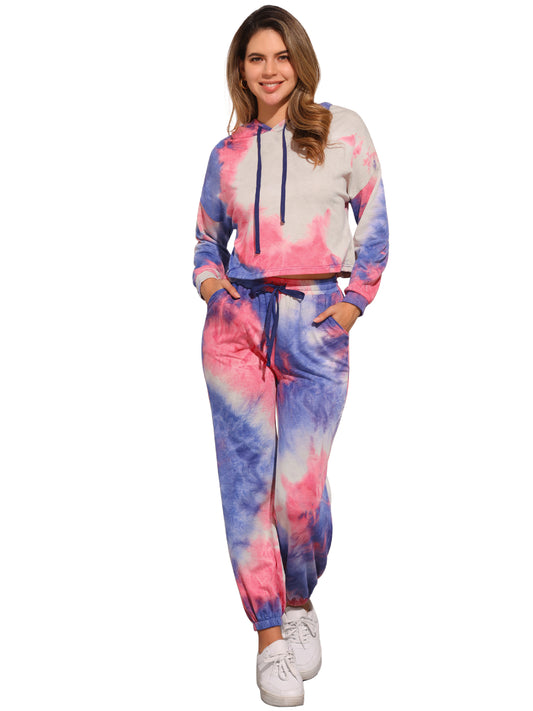 Women's 2 Piece Sweatsuits Tie Dye Pullover Hoodie Drawstring Jogging Tracksuit