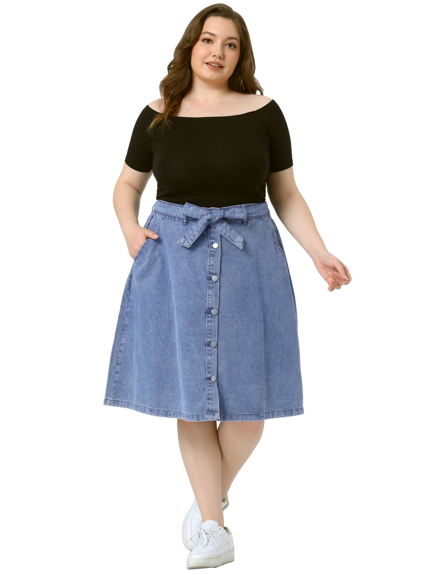 Faldas vaqueras de talla grande para mujer, con cintura anudada, corte A y bolsillos, falda vaquera midi de verano