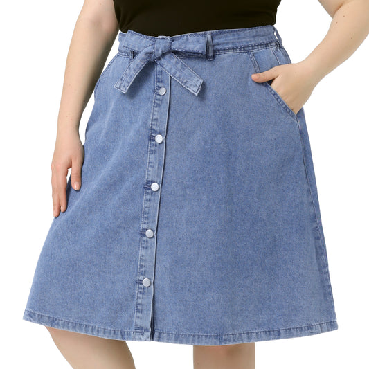 Faldas vaqueras de talla grande para mujer, con cintura anudada, corte A y bolsillos, falda vaquera midi de verano