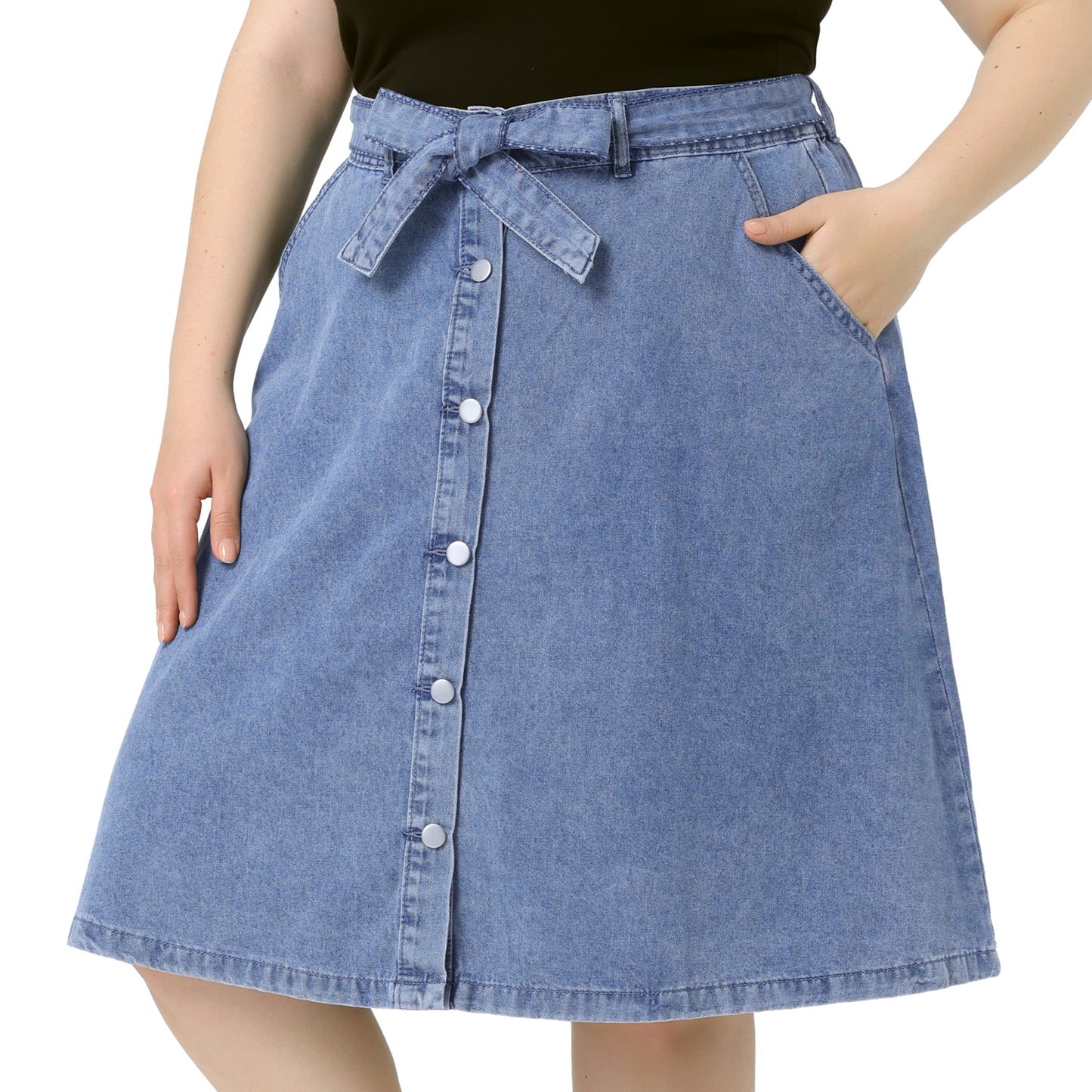 Women's Plus Size Denim Skirts Tie Waist A-Line with Pockets Midi Summer Jeans Skirt