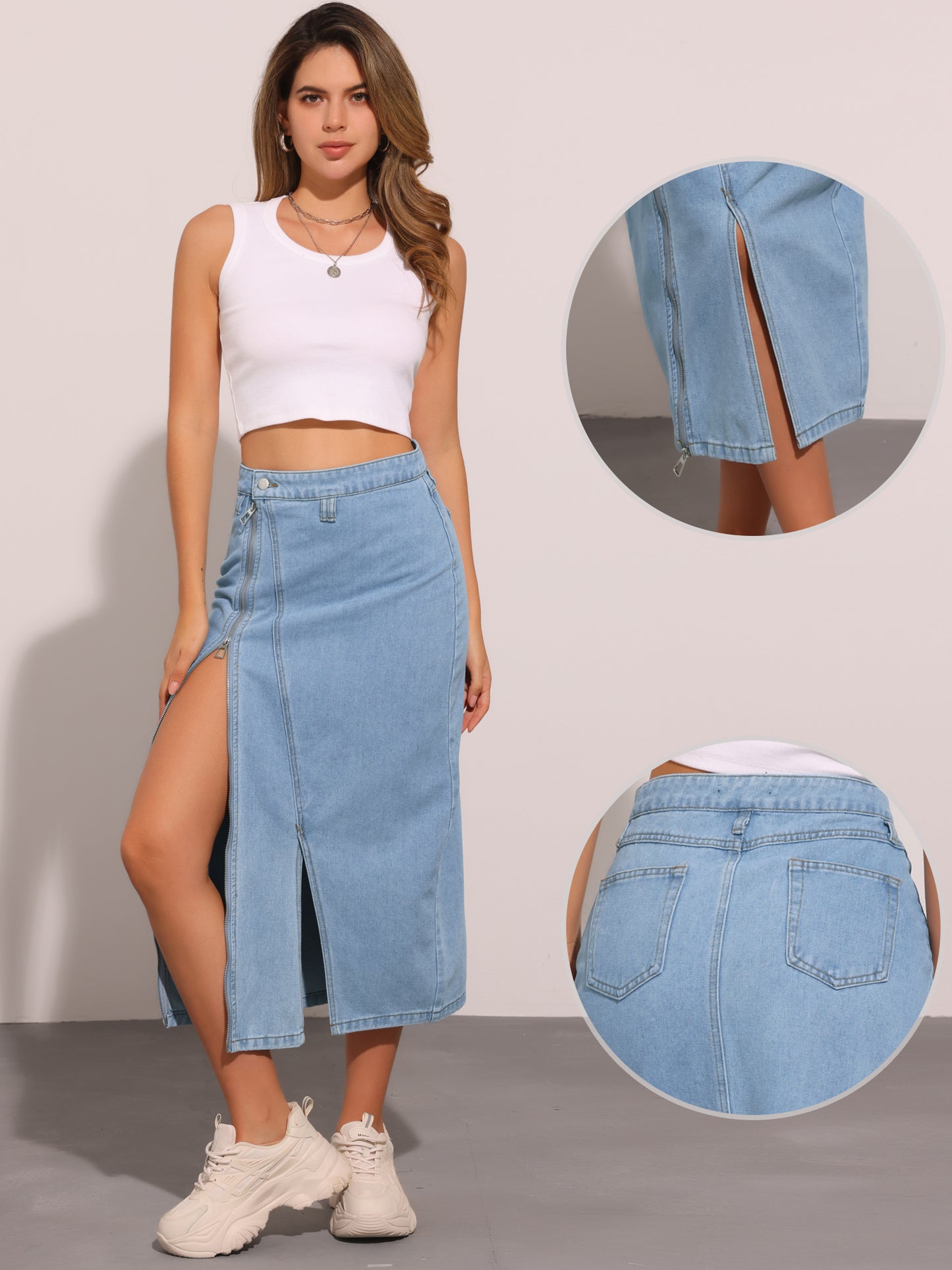 Faldas largas de mezclilla con cremallera frontal y bolsillos para mujer