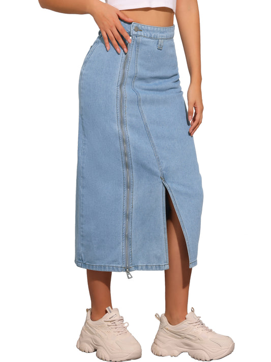 Faldas largas de mezclilla con cremallera frontal y bolsillos para mujer