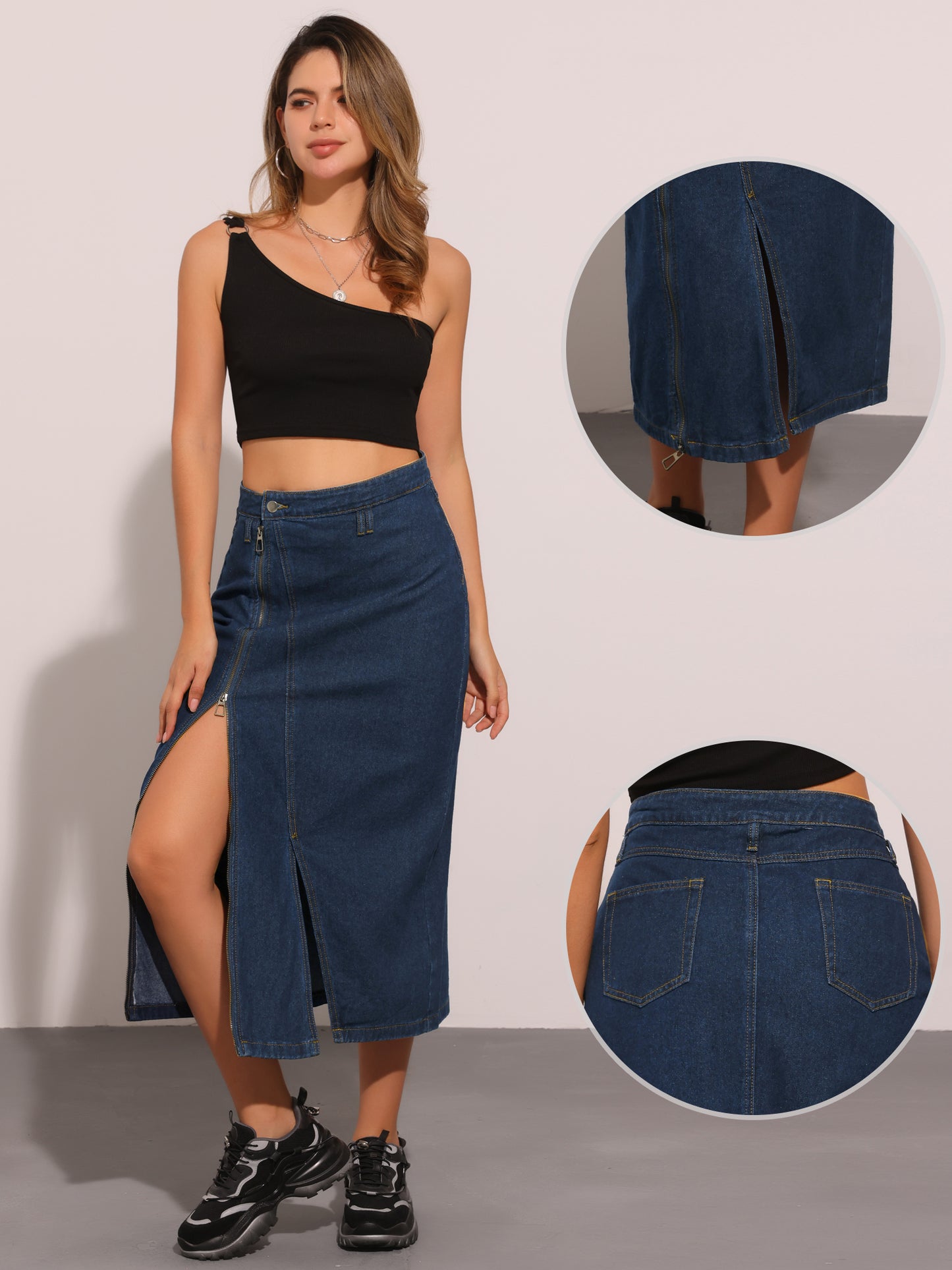 Women's Denim Zipper Front Split Long Skirts with Pockets