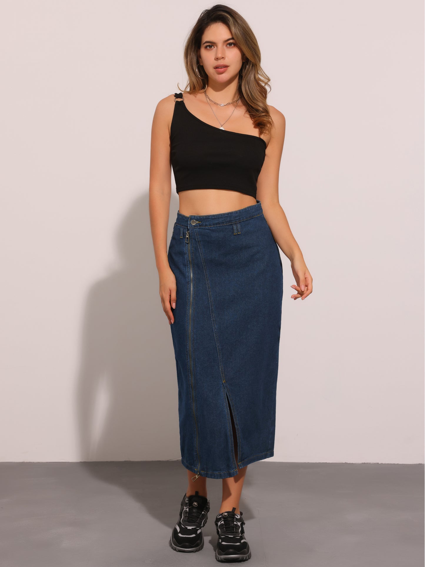 Women's Denim Zipper Front Split Long Skirts with Pockets