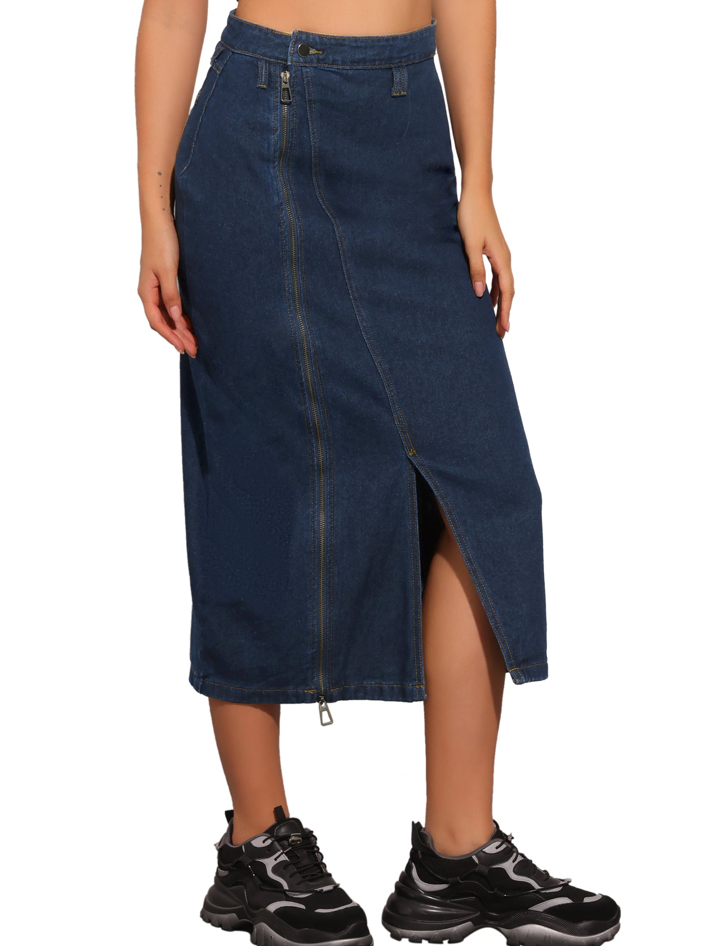Women's Denim Zipper Front Split Long Skirts with Pockets