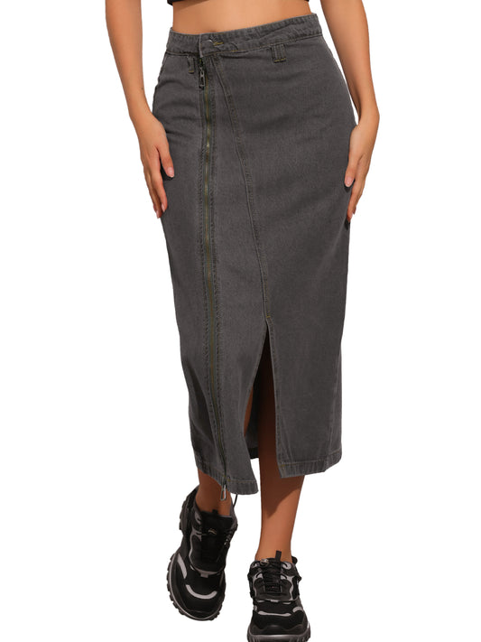 Faldas largas de mezclilla con cremallera frontal y bolsillos para mujer