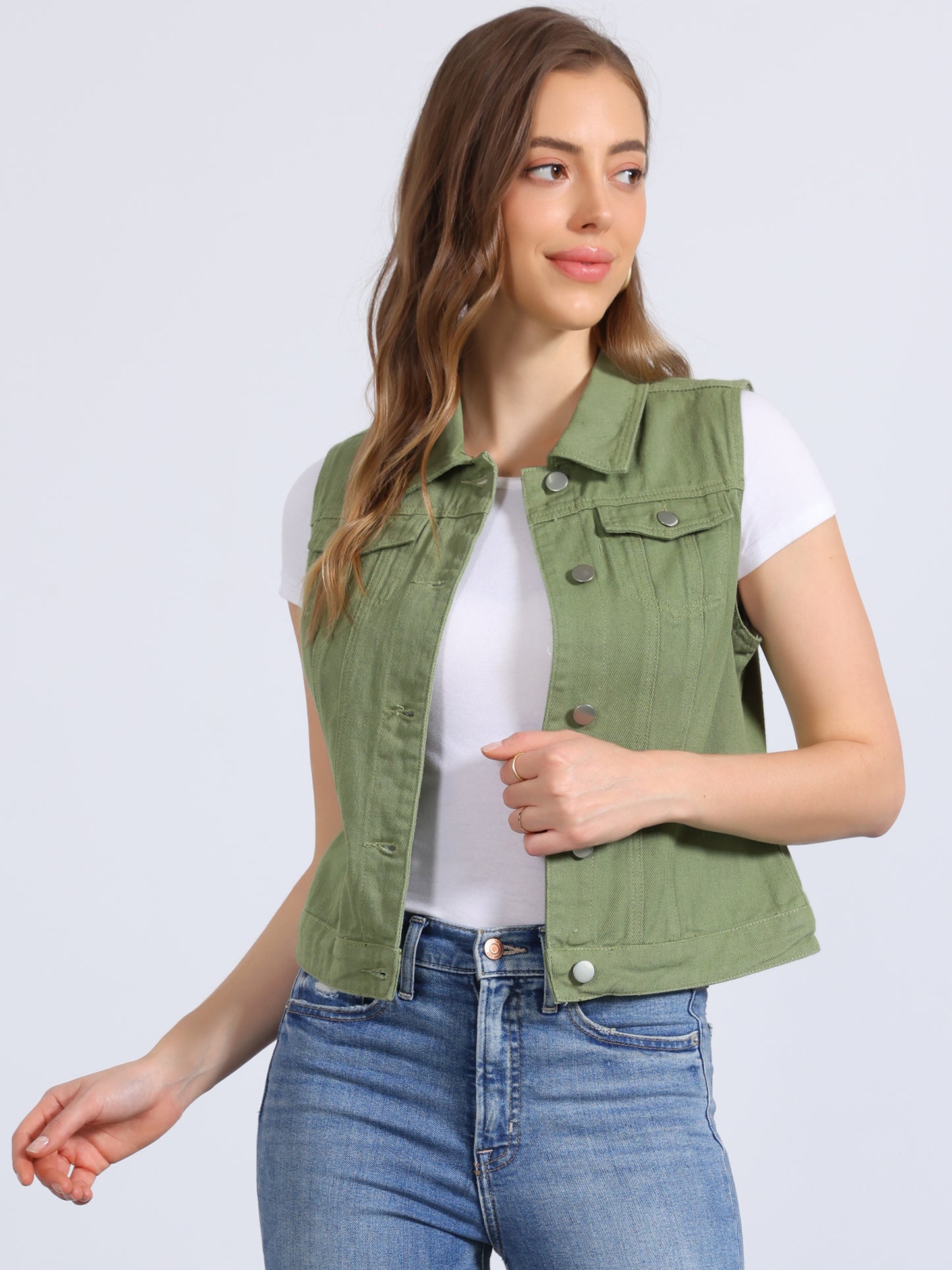 Women's Buttoned Washed Denim Vest Jacket W Chest Flap Pockets
