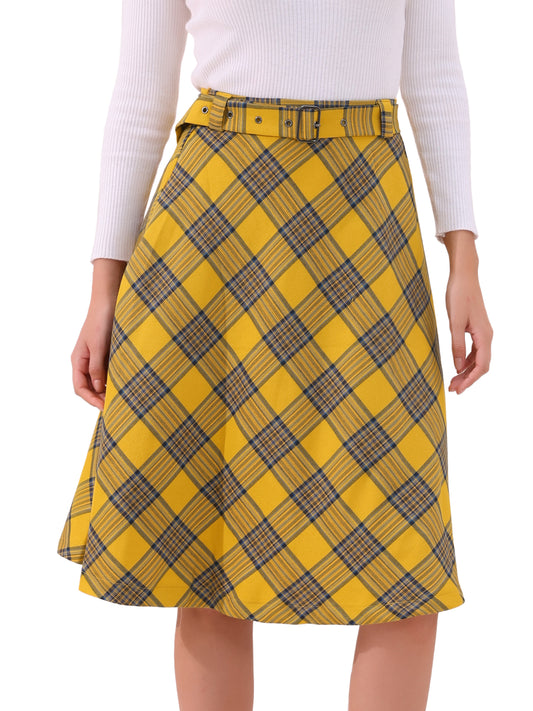 Falda midi vintage de corte A con cintura alta y cinturón para mujer con cuadros escoceses