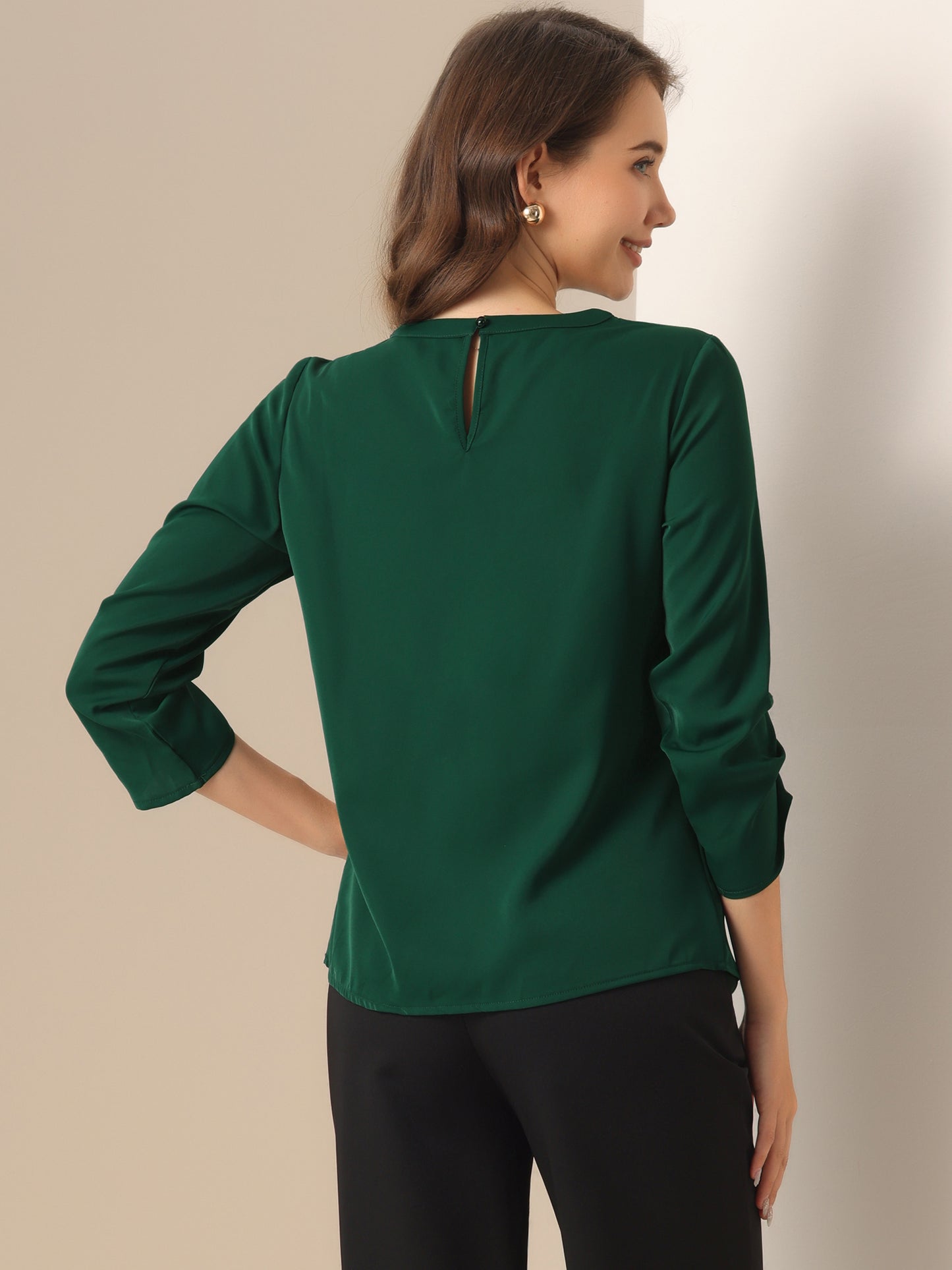 Women's Dressy Work Office Keyhole Pleated Front Ruched 3/4 Sleeve Chiffon Shirt