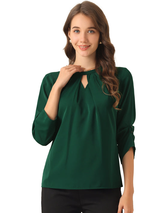 Women's Dressy Work Office Keyhole Pleated Front Ruched 3/4 Sleeve Chiffon Shirt