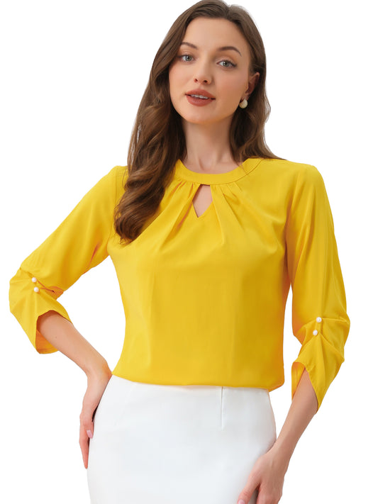 Women's Dressy Work Office Keyhole Pleated Front Ruched 3/4 Sleeve Chiffon Shirt