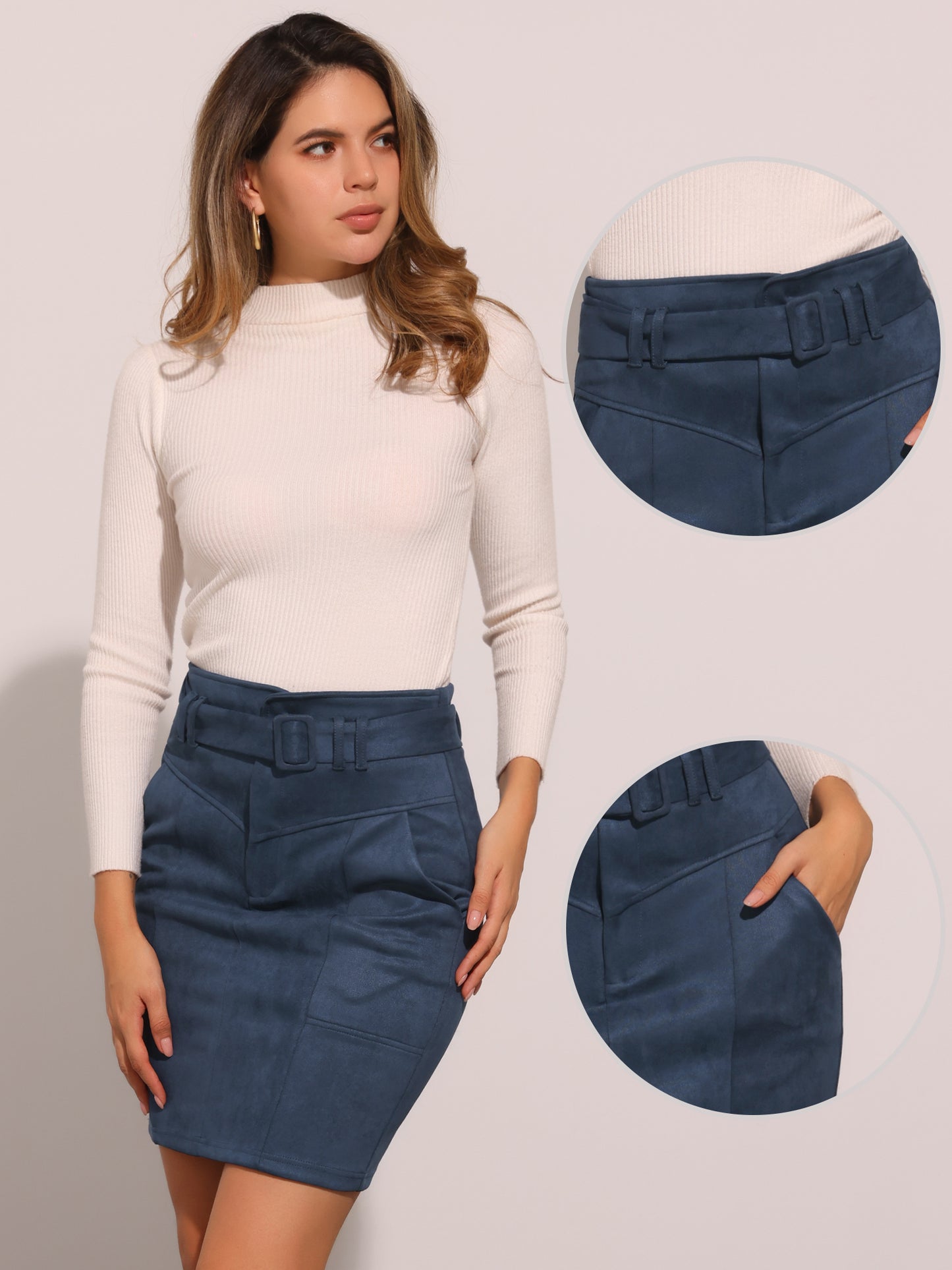 Women's Faux Suede Skirt High Waist Casual Belted Pencil Skirts