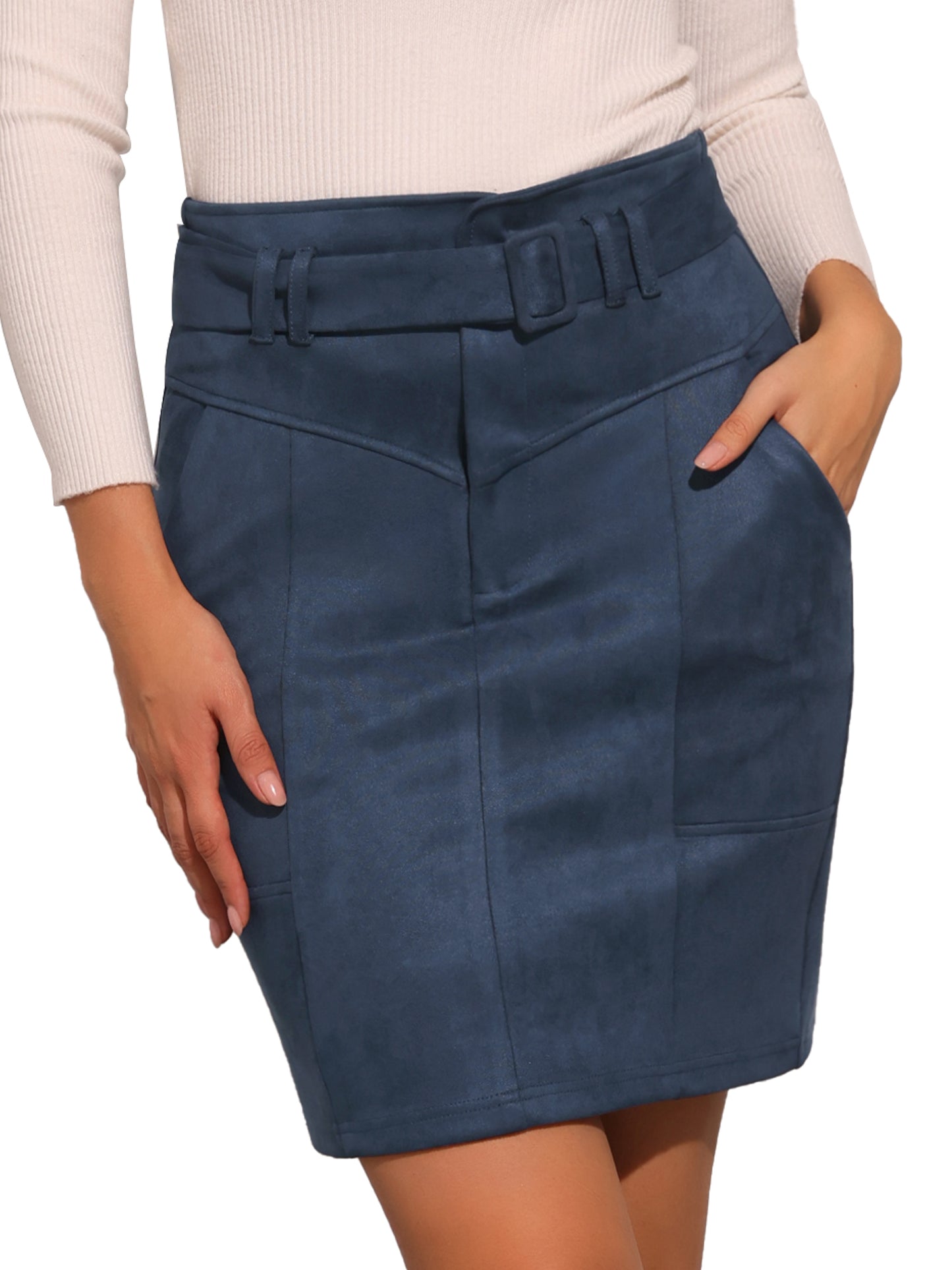 Women's Faux Suede Skirt High Waist Casual Belted Pencil Skirts