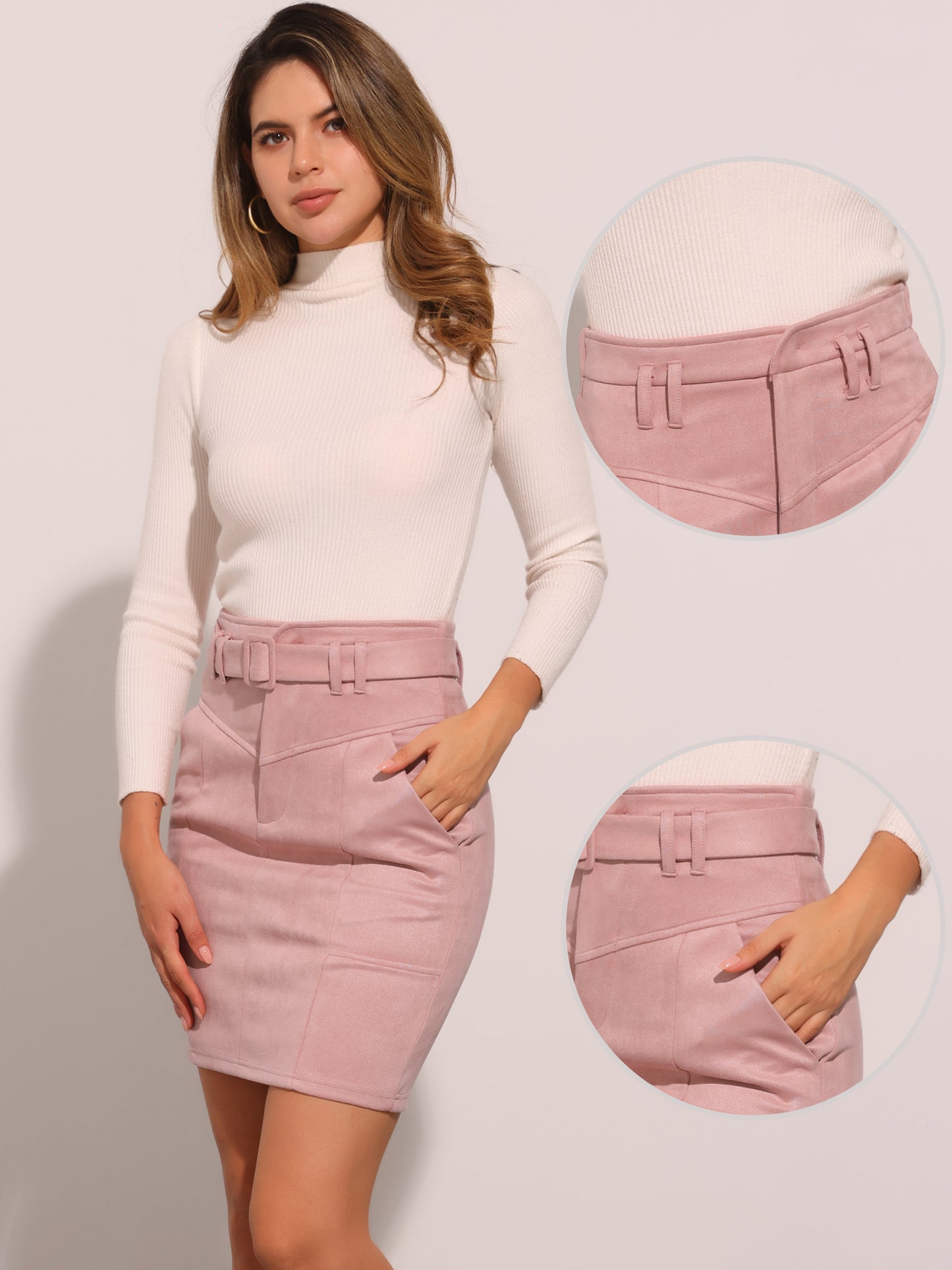 Women's Faux Suede Skirt High Waist Casual Belted Pencil Skirts