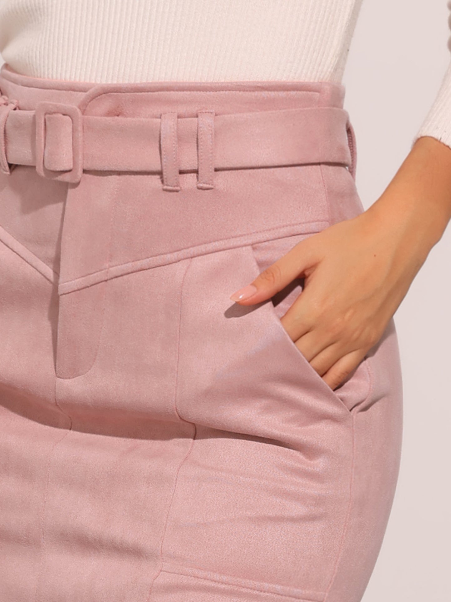 Women's Faux Suede Skirt High Waist Casual Belted Pencil Skirts