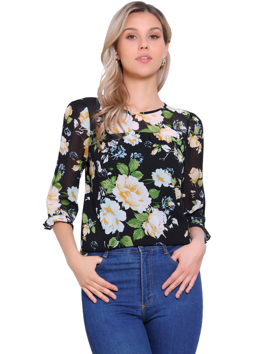 Women's Casual Ruffle 3/4 Sleeve Floral Print Chiffon Blouse