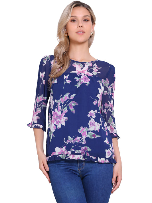 Women's Casual Ruffle 3/4 Sleeve Floral Print Chiffon Blouse