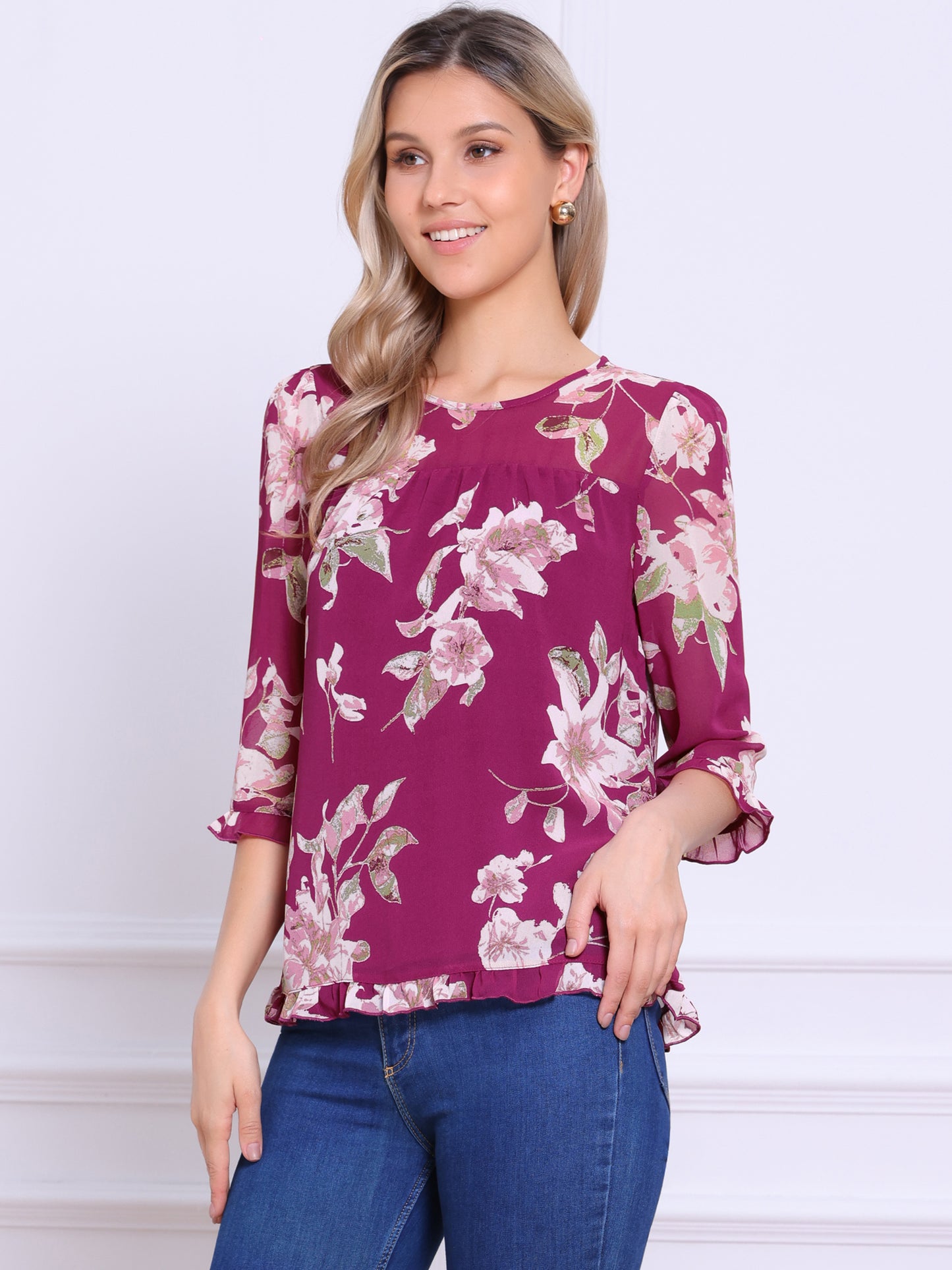 Women's Casual Ruffle 3/4 Sleeve Floral Print Chiffon Blouse