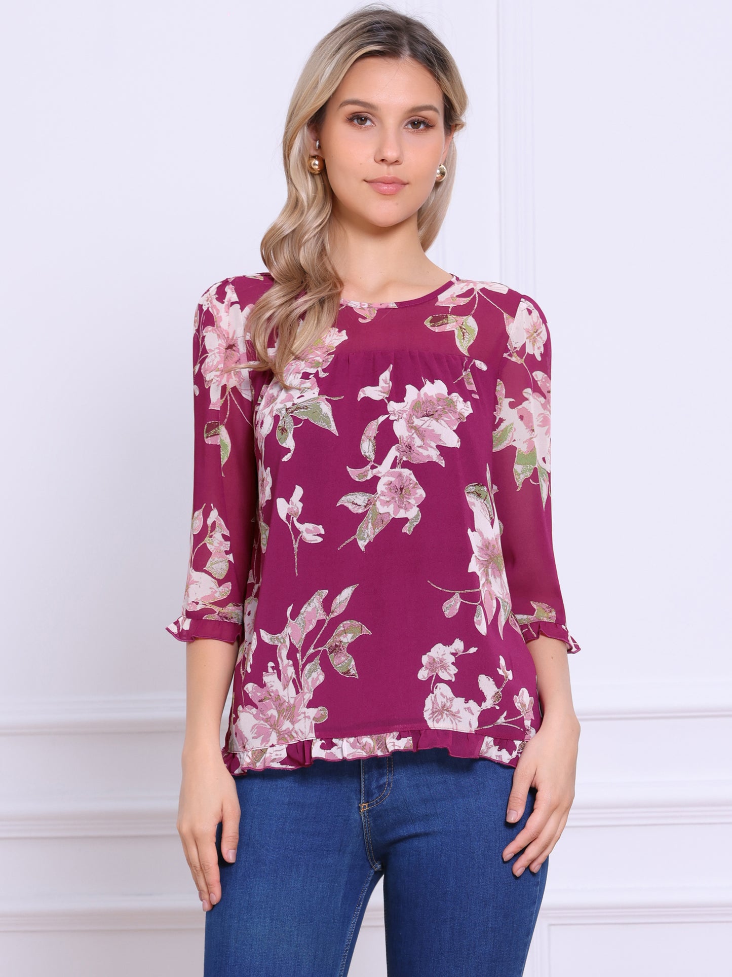 Women's Casual Ruffle 3/4 Sleeve Floral Print Chiffon Blouse