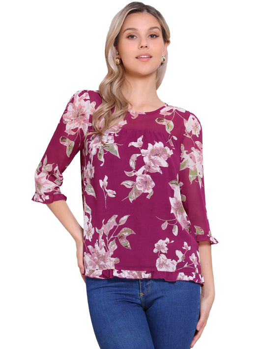 Women's Casual Ruffle 3/4 Sleeve Floral Print Chiffon Blouse