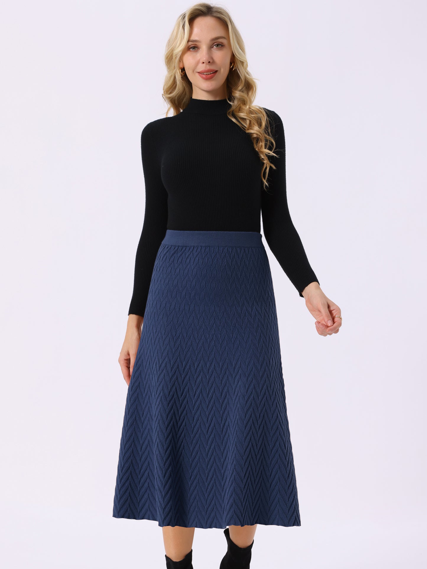 Women's Ribbed Knit A-Line Skirts Elastic High Waist Stretchy Sweater Midi Skirt