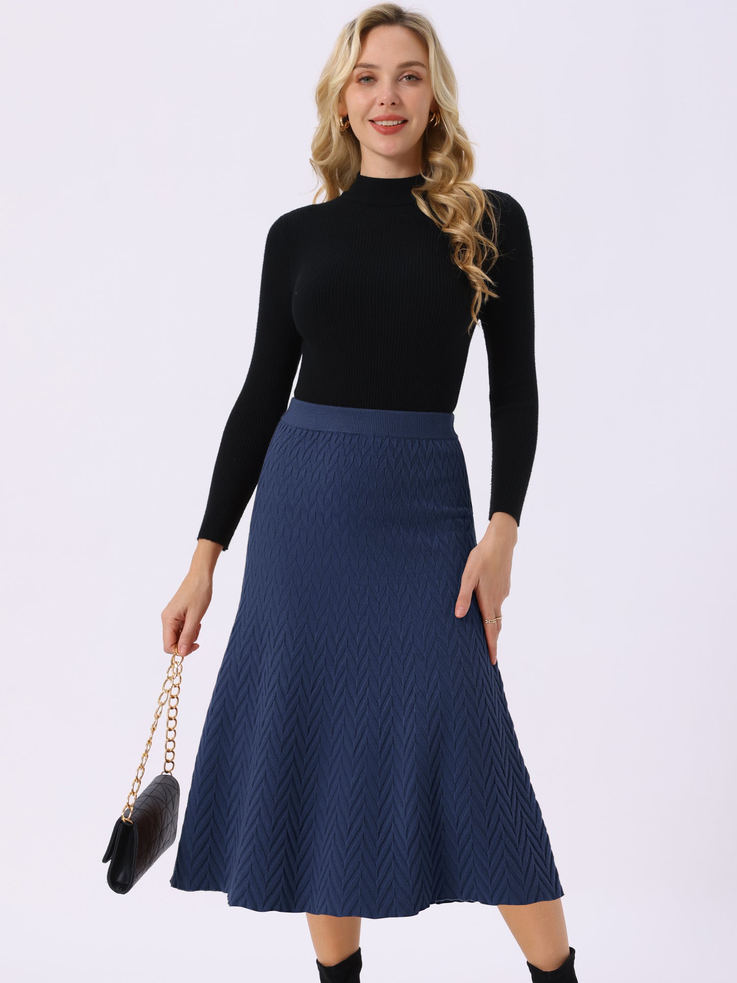 Women's Ribbed Knit A-Line Skirts Elastic High Waist Stretchy Sweater Midi Skirt