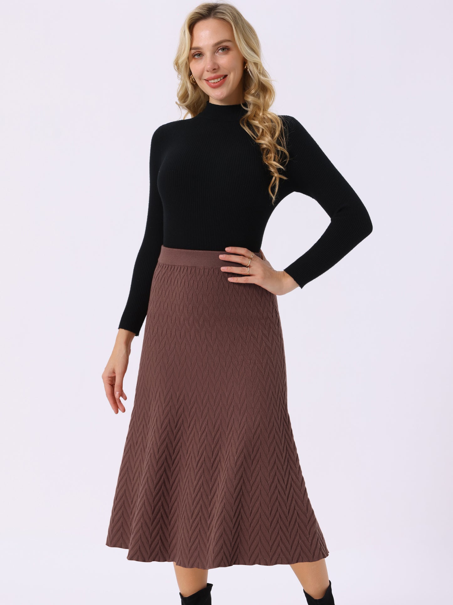 Women's Ribbed Knit A-Line Skirts Elastic High Waist Stretchy Sweater Midi Skirt