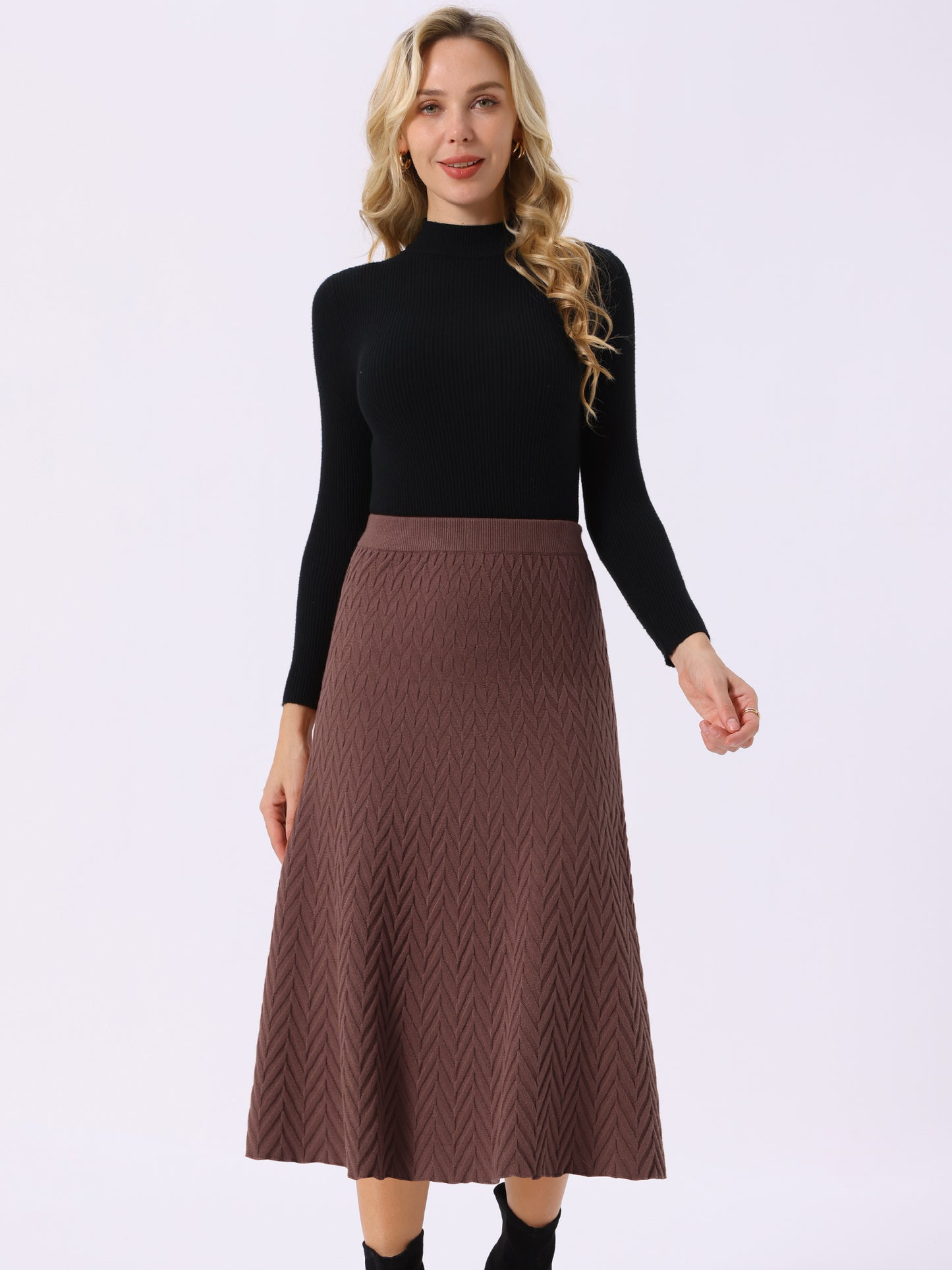 Women's Ribbed Knit A-Line Skirts Elastic High Waist Stretchy Sweater Midi Skirt