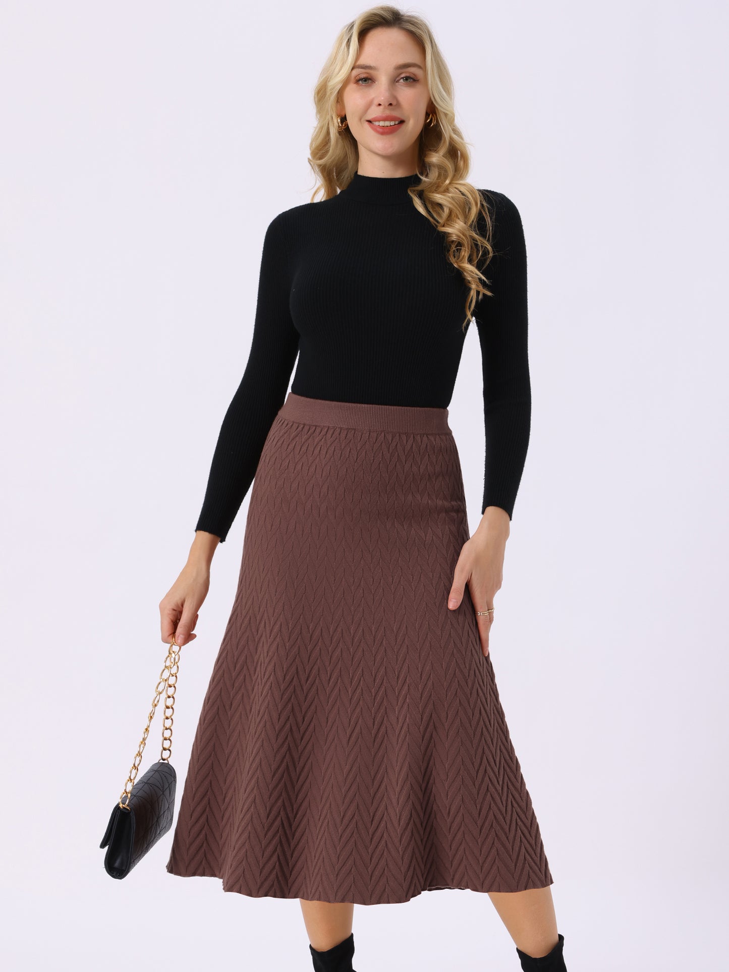 Women's Ribbed Knit A-Line Skirts Elastic High Waist Stretchy Sweater Midi Skirt