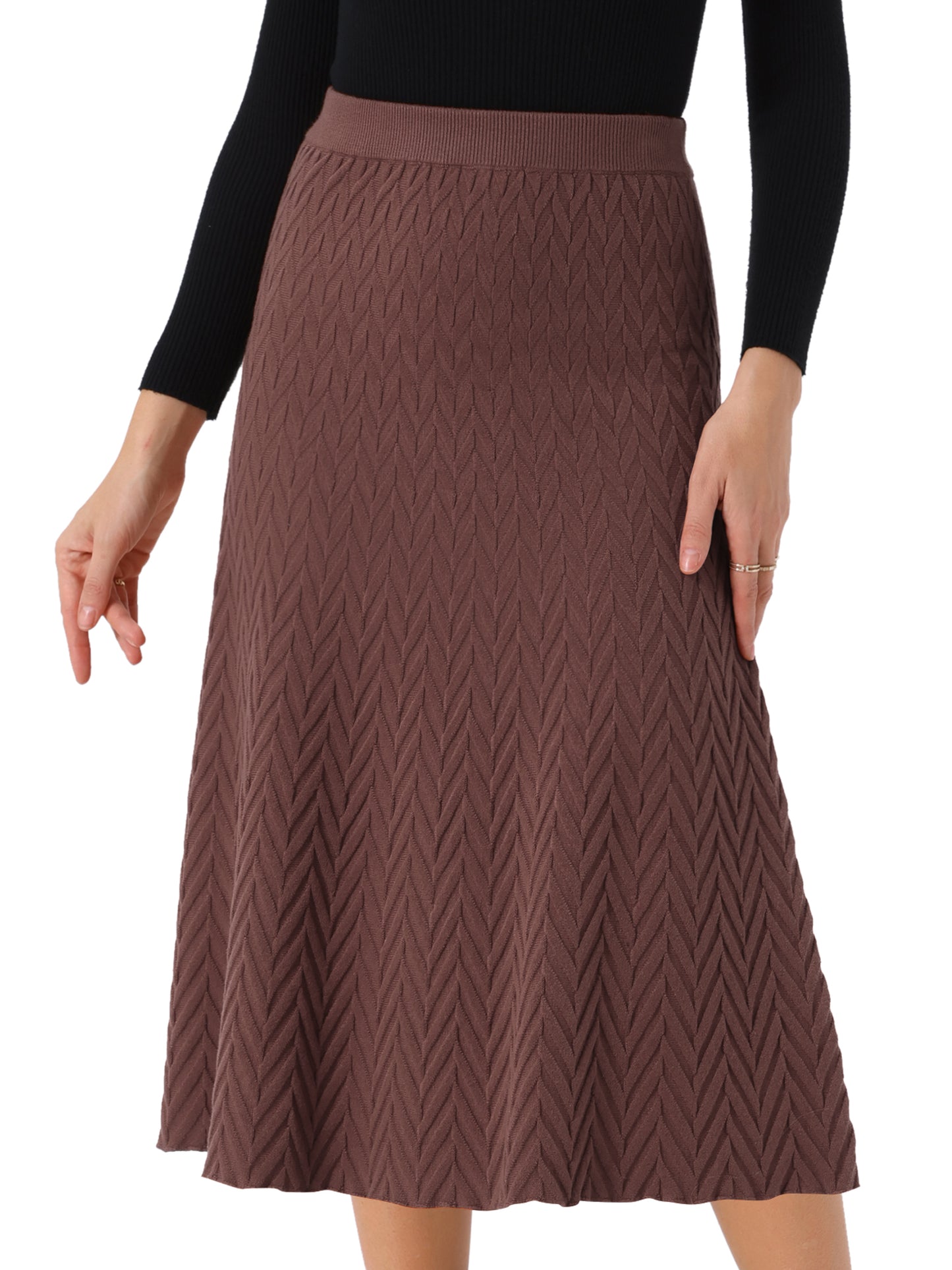 Women's Ribbed Knit A-Line Skirts Elastic High Waist Stretchy Sweater Midi Skirt
