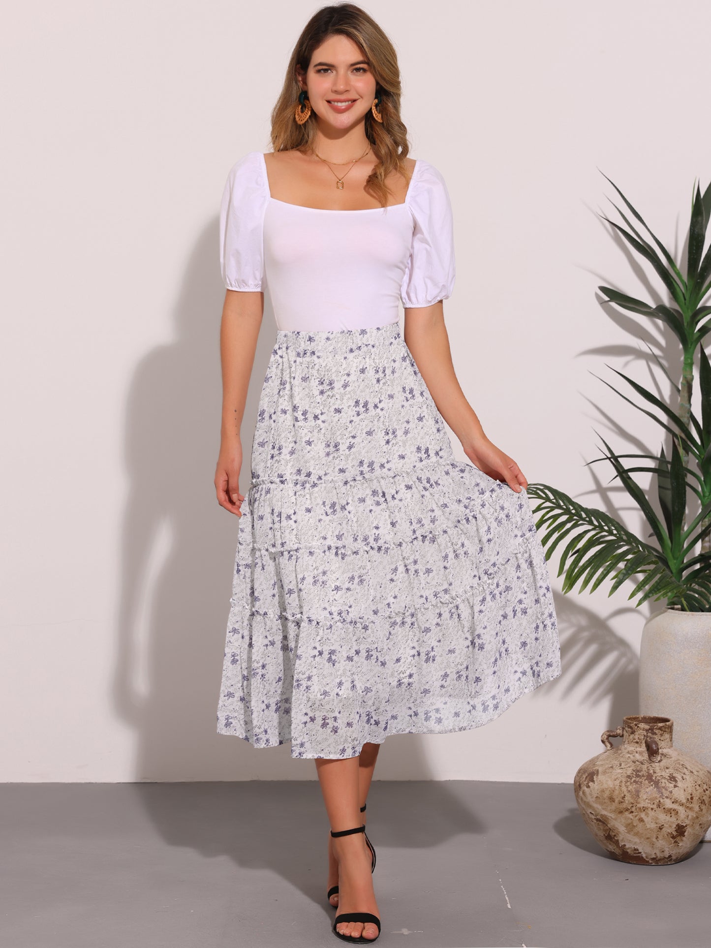Women's Floral Chiffon A-Line Tiered Ruffle Midi Skirt (Available in Plus Size)