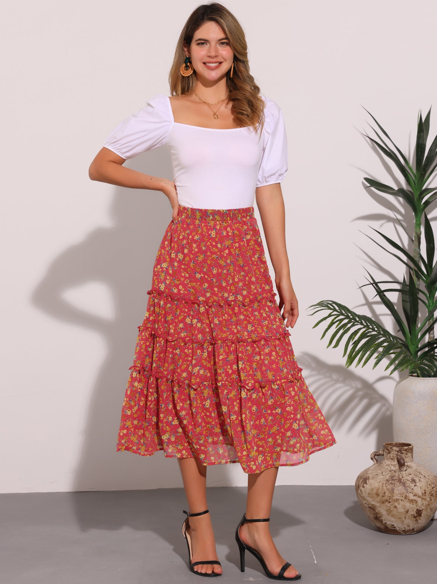 Women's Floral Chiffon A-Line Tiered Ruffle Midi Skirt (Available in Plus Size)