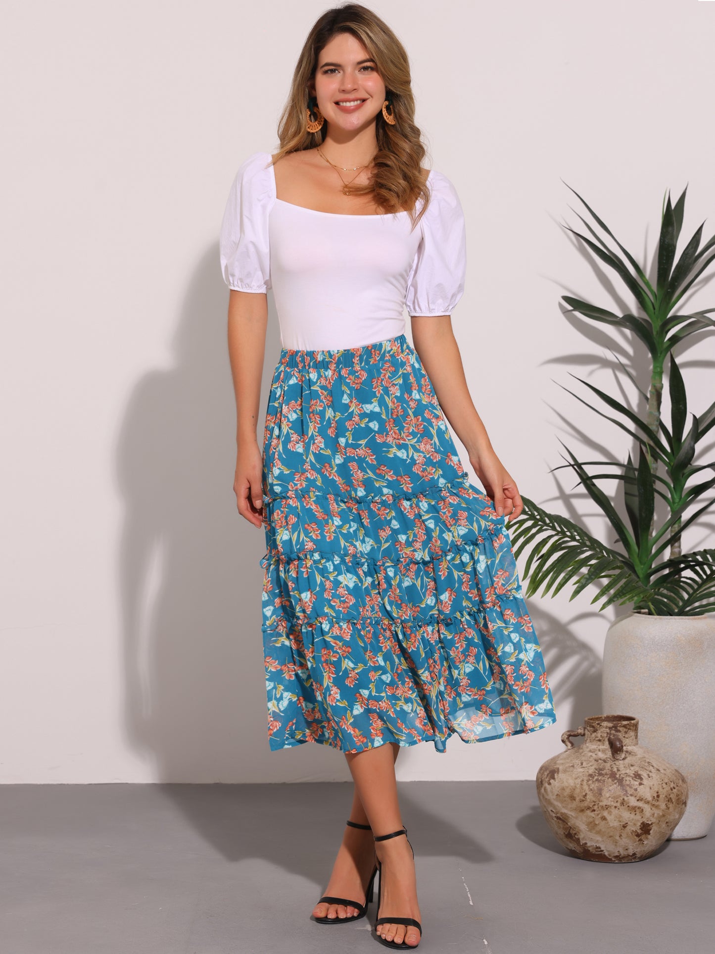 Women's Floral Chiffon A-Line Tiered Ruffle Midi Skirt (Available in Plus Size)