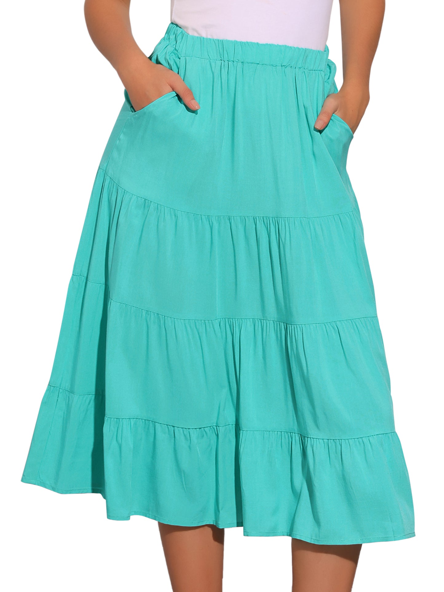 Faldas midi para mujer, estilo bohemio, plisadas, con vuelo, con cintura elástica, largas, con bolsillos