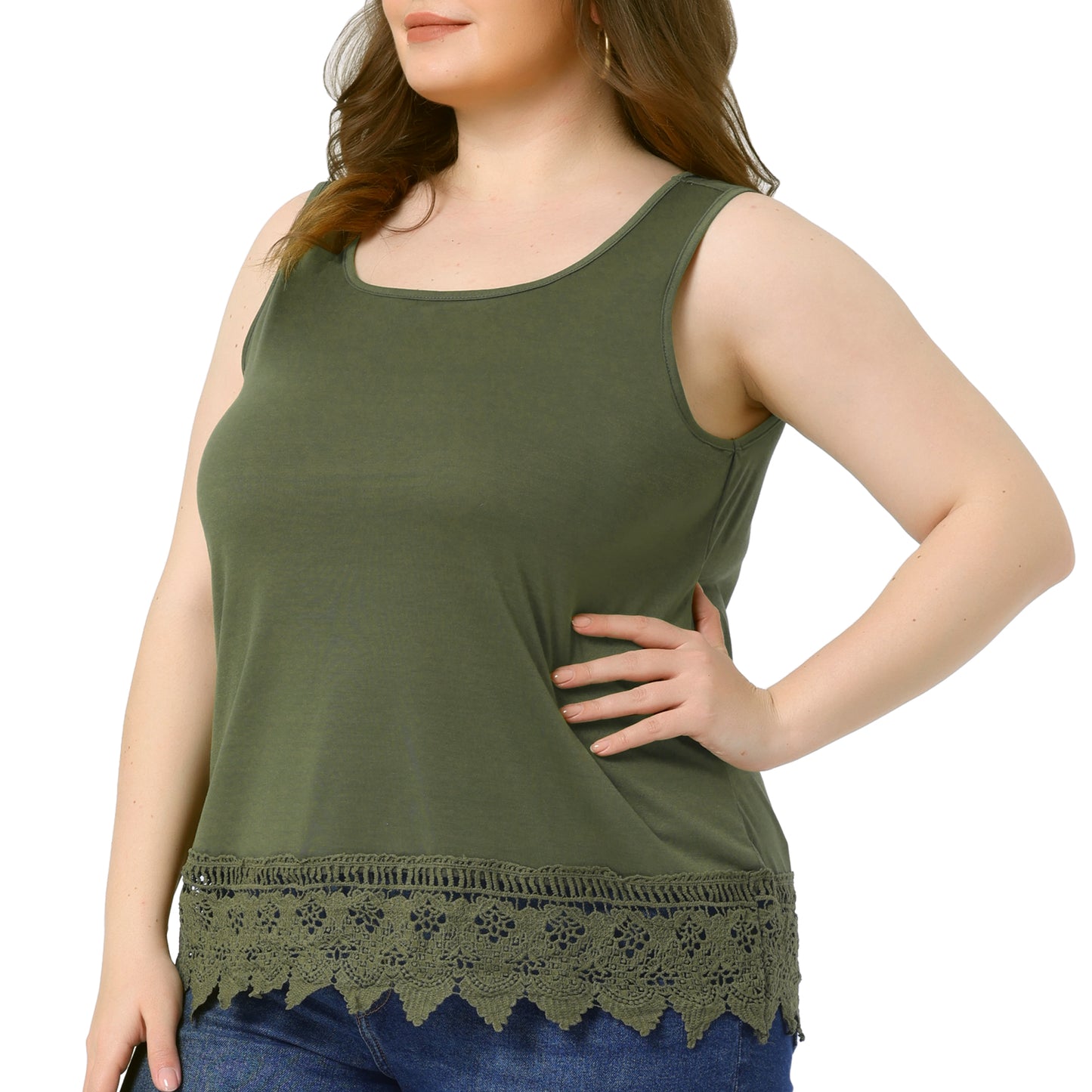 Women Plus Size Tops Round Neck Sleeveless Swing Lace Panel Flowy Tee Tops Summer
