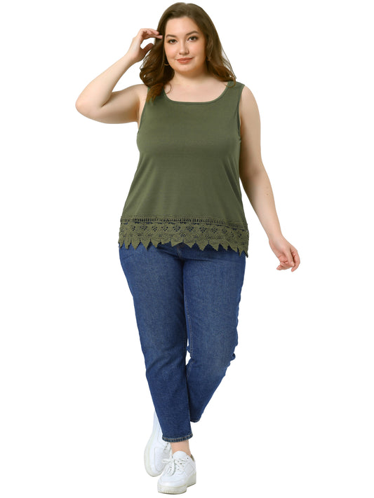 Women Plus Size Tops Round Neck Sleeveless Swing Lace Panel Flowy Tee Tops Summer