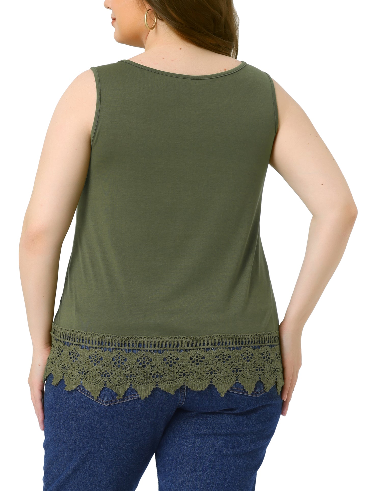 Women Plus Size Tops Round Neck Sleeveless Swing Lace Panel Flowy Tee Tops Summer