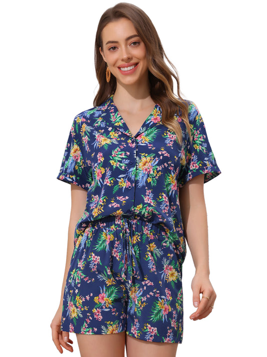 Women Hawaiian Set 2 Pieces Floral Button Down Shirt and Shorts Tropical Vacation Beach Casual