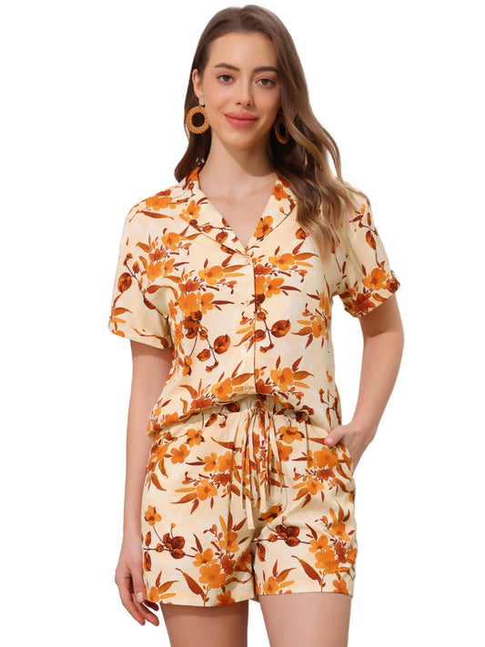 Women Hawaiian Set 2 Pieces Floral Button Down Shirt and Shorts Tropical Vacation Beach Casual
