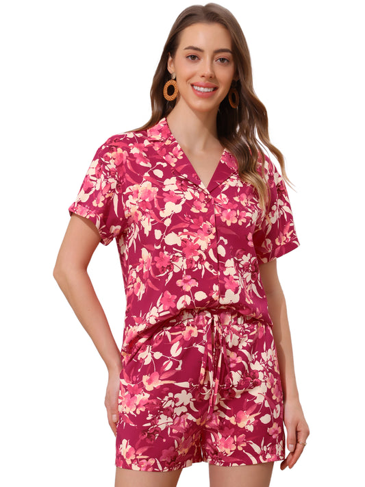 Women Hawaiian Set 2 Pieces Floral Button Down Shirt and Shorts Tropical Vacation Beach Casual