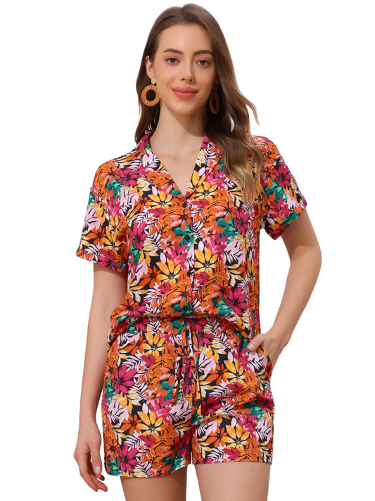 Women Hawaiian Set 2 Pieces Floral Button Down Shirt and Shorts Tropical Vacation Beach Casual
