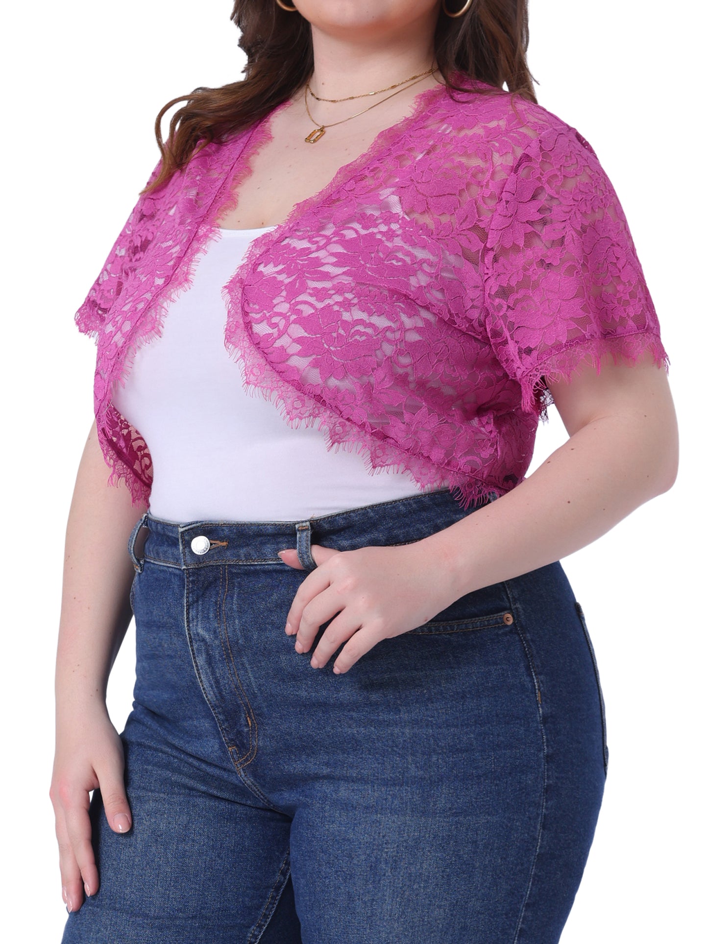 Women's Plus Size Elegant Short Sleeve Sheer Floral Lace Bolero Shrug Top