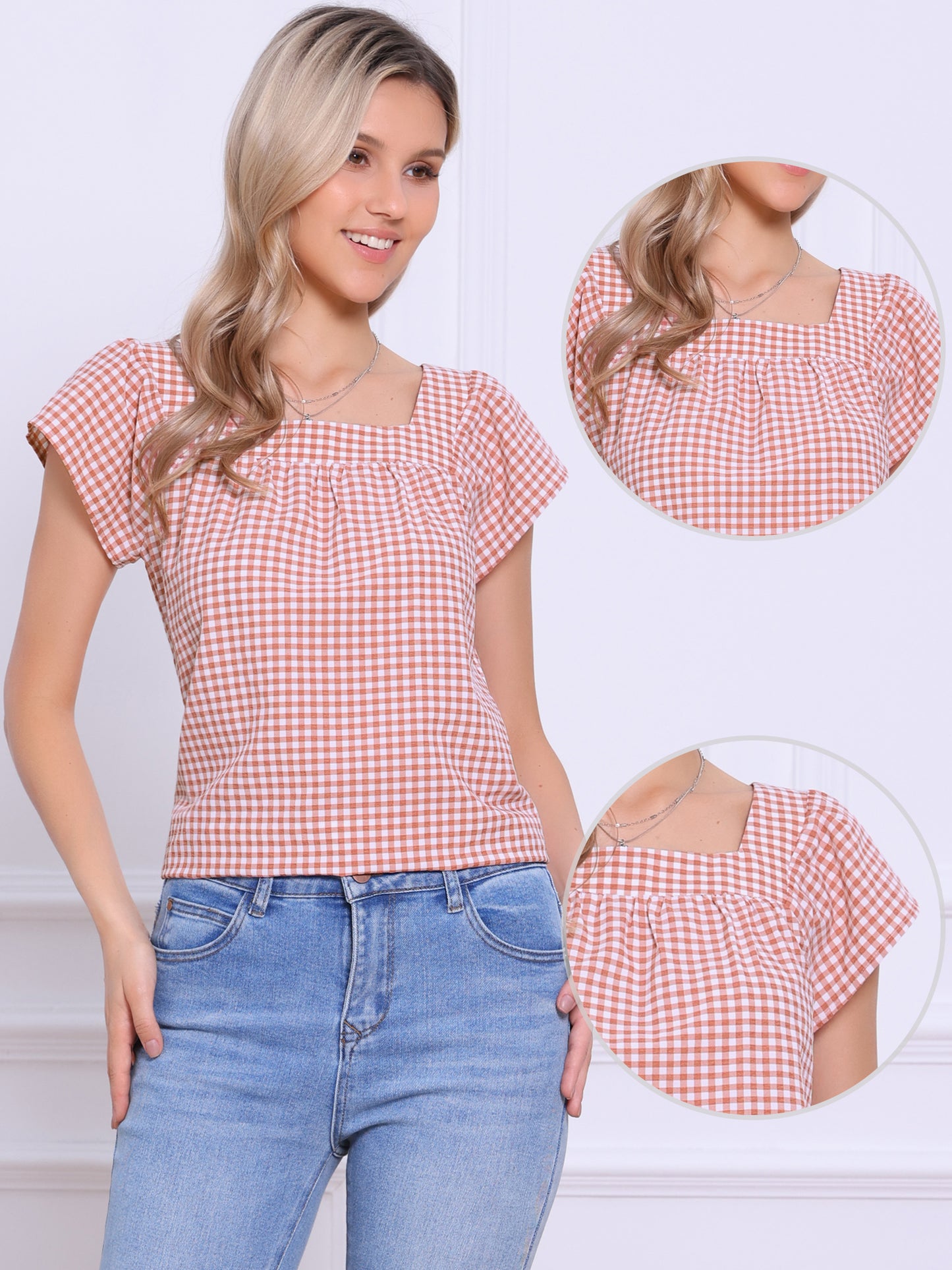 Women's Cap Sleeve Summer Square Neck Gingham Blouse Top