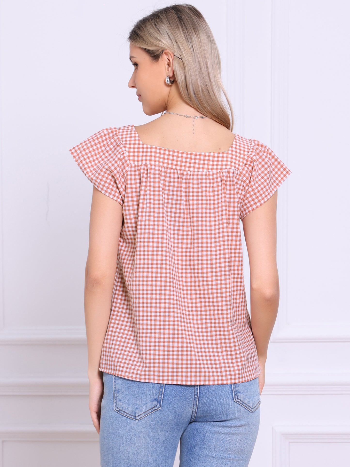Women's Cap Sleeve Summer Square Neck Gingham Blouse Top