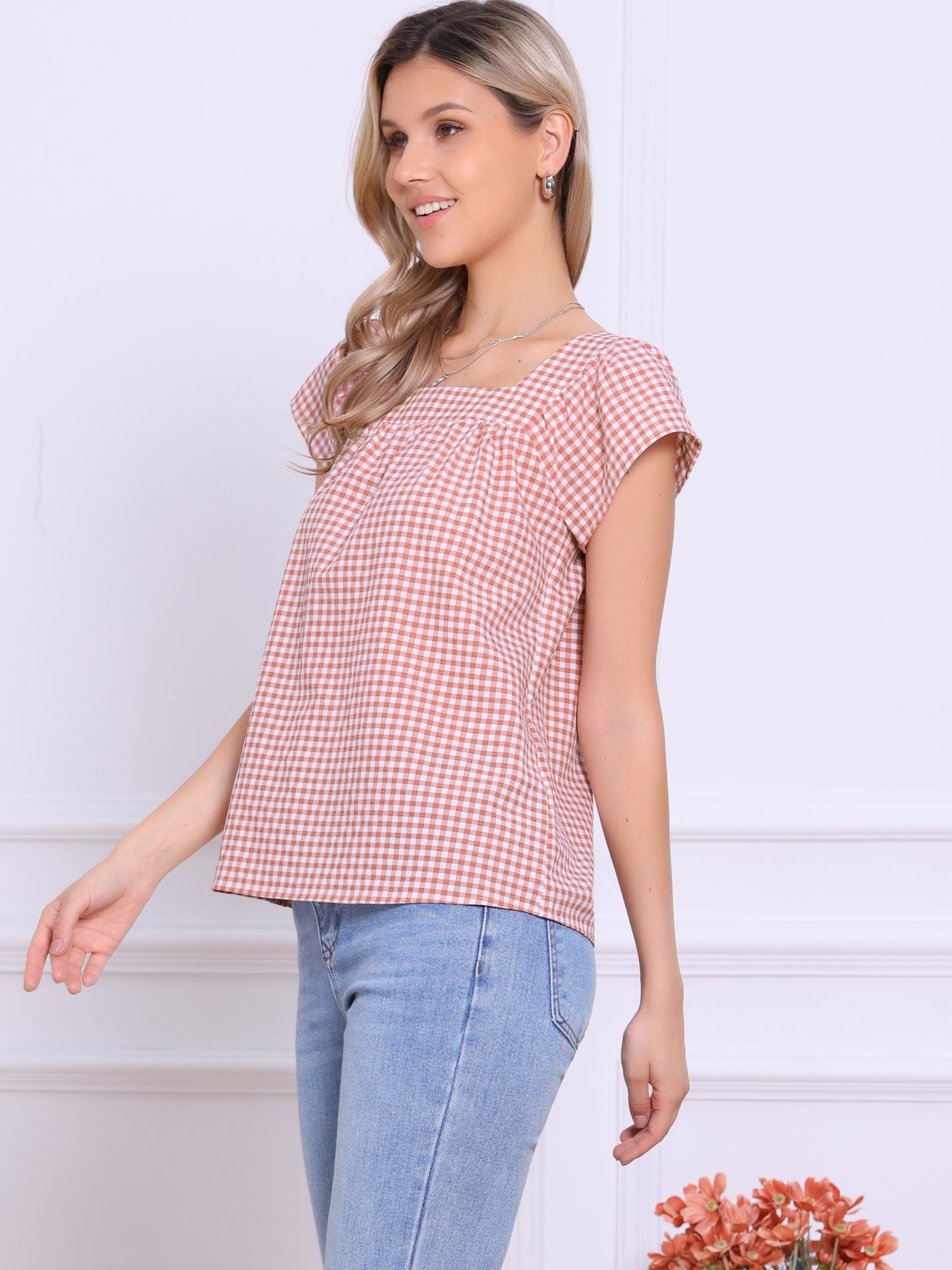 Women's Cap Sleeve Summer Square Neck Gingham Blouse Top