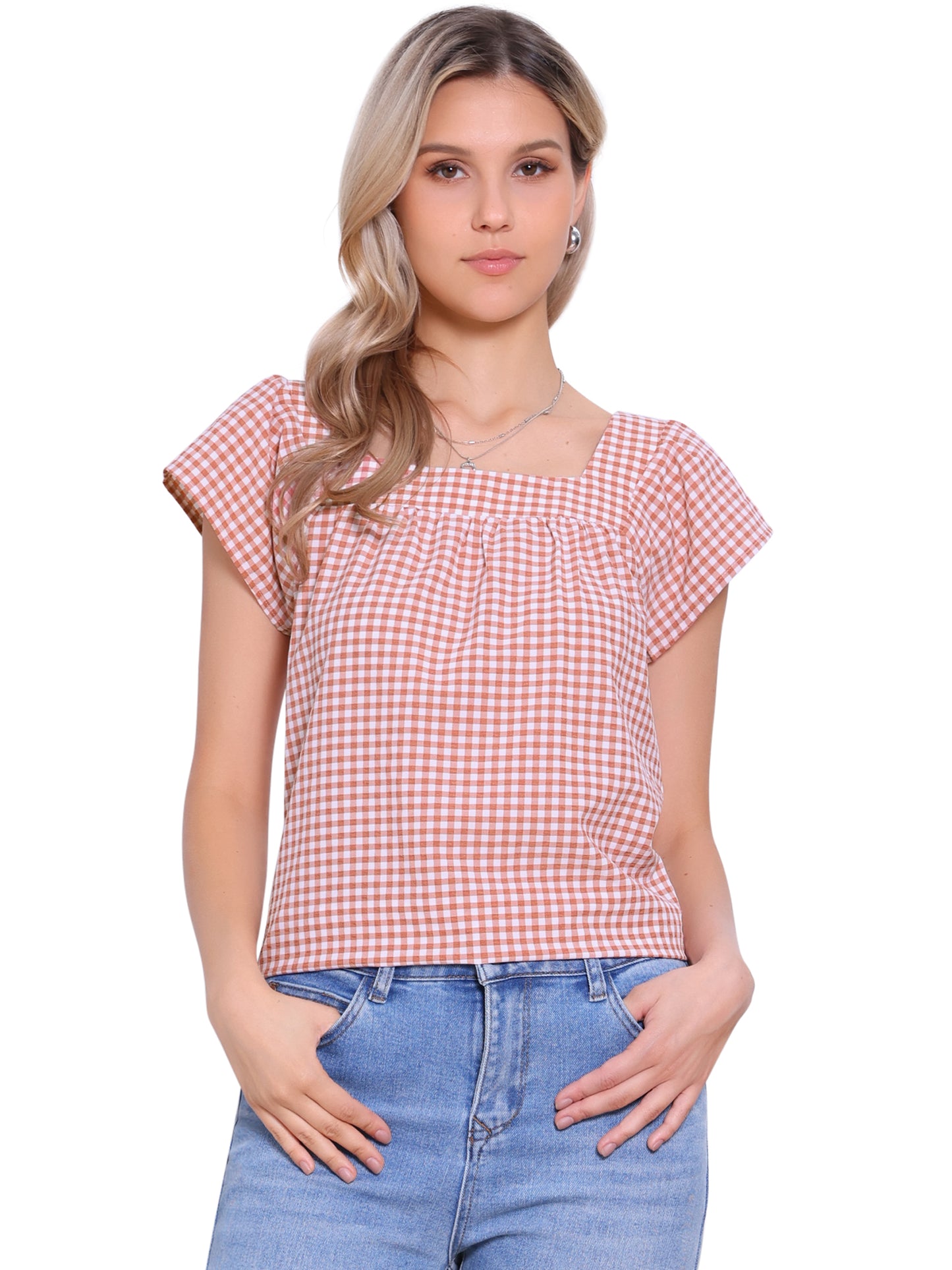 Women's Cap Sleeve Summer Square Neck Gingham Blouse Top