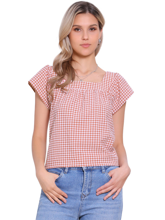 Women's Cap Sleeve Summer Square Neck Gingham Blouse Top