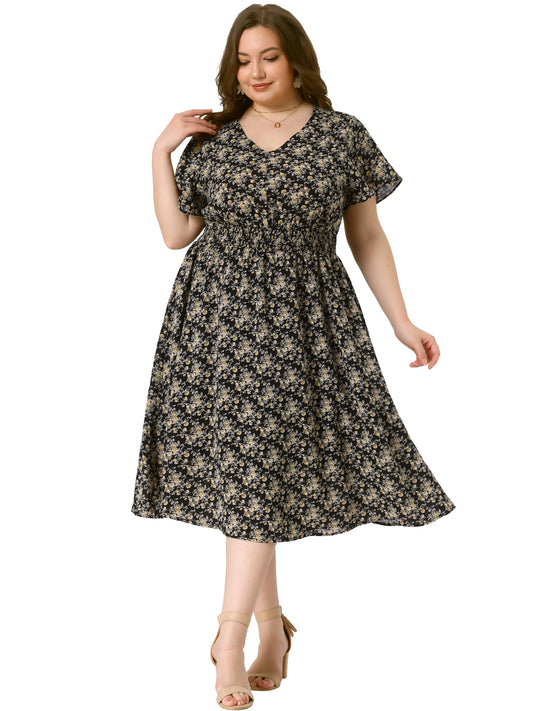 Women's Plus Size Summer Dress Floral Print V Neck Smocked A-Line Flowy Midi Dress