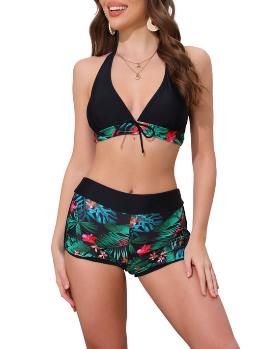 Women's Leaf Print Color Block Halter Top Boyshorts Bottom 2 Piece Swimwear Set